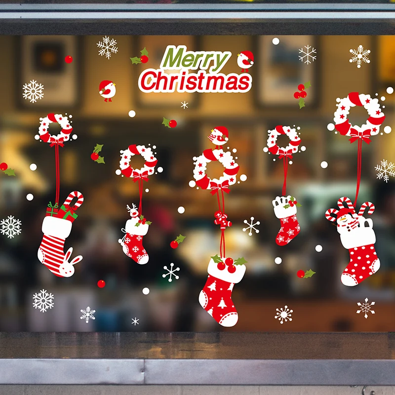 

[shijuekongjian] Christmas Glass Stickers DIY Socks Wall Decals for Living Room Bedroom Shop Window New Year Decoration