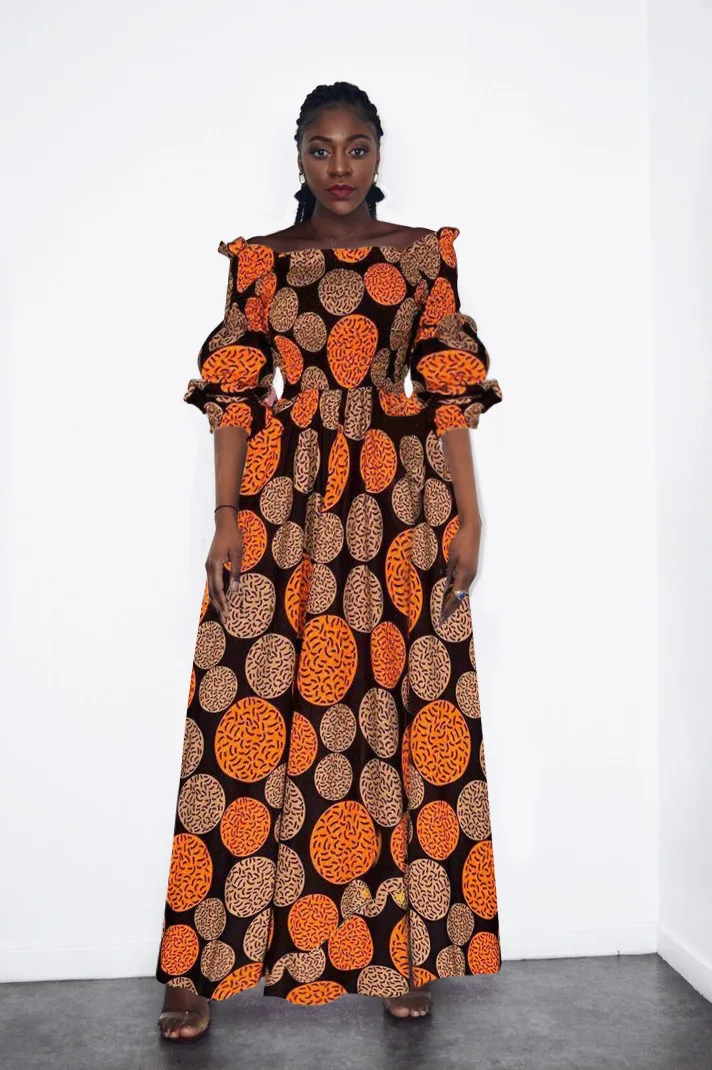 

Sexy One-Neck Long Dress African Plus Size Women's Mid-sleeve Fashion Digital Color Printing African Ethnic Casual Dress 2021