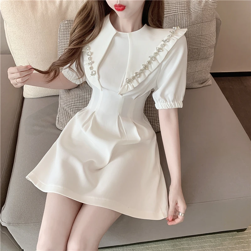

COIGARSAM Women dress New Turn-down Collar High Waist Dresses Black White 5328