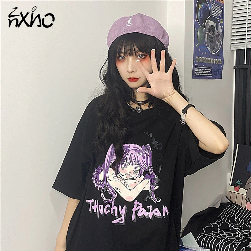 

Женская летняя футболка, свободная футболка с мультипликационным принтом, с коротким рукавом, в японском стиле Харадзюку, 2021