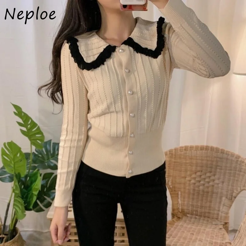 Женская однобортная трикотажная куртка Neploe в стиле Питер Пэн с воротником