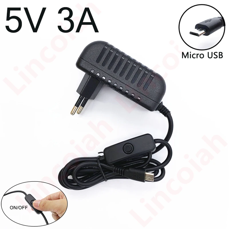AC 100-240V DC 5V 3A Power Supply Switch Button Power Adapter Charger Micro USB Port 5 V Volt for Raspberry Pi 3 Model B+ plus