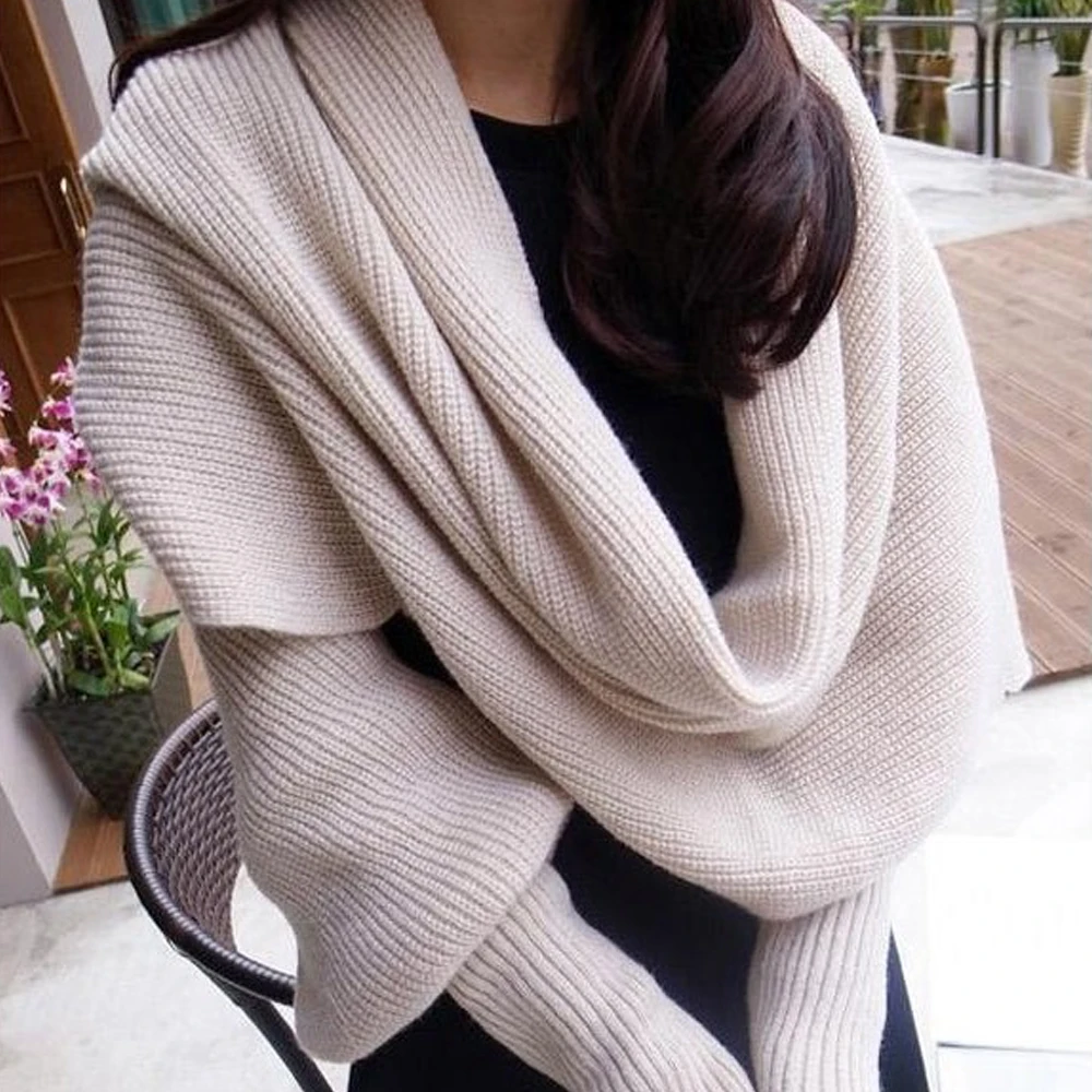 

Meihuida 240 x 50cm Winter Women Soft Knitted Solid Sweater Warm Scarf with Sleeve Wrap Outdoor Activity Shawl Scarves