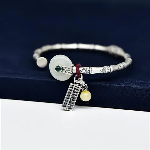 

Bamboo Presages Safety Silver Bracelet Female S925 Sterling Silver Retro Fashion National Style Hand Jewelry Solid Simple Openin