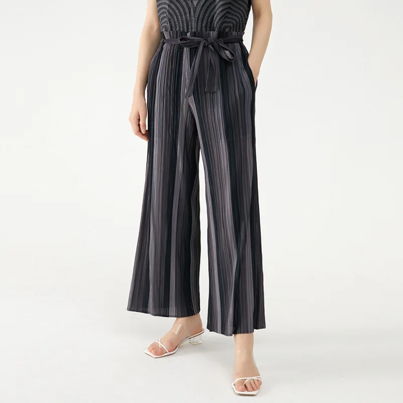 

Брюки женские в полоску, эластичные плиссированные Широкие штаны в Корейском стиле, на шнуровке, в полную длину, 45-75 кг, весна-осень