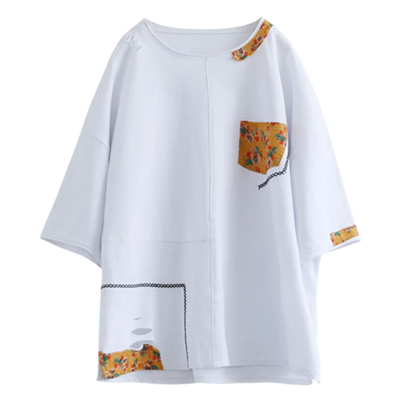 

Casual Summer Round Neck T-shirt Women's Loose Print Tops Embroidered Short Sleeve Pocket Solid Color Tees And Tshirts Female
