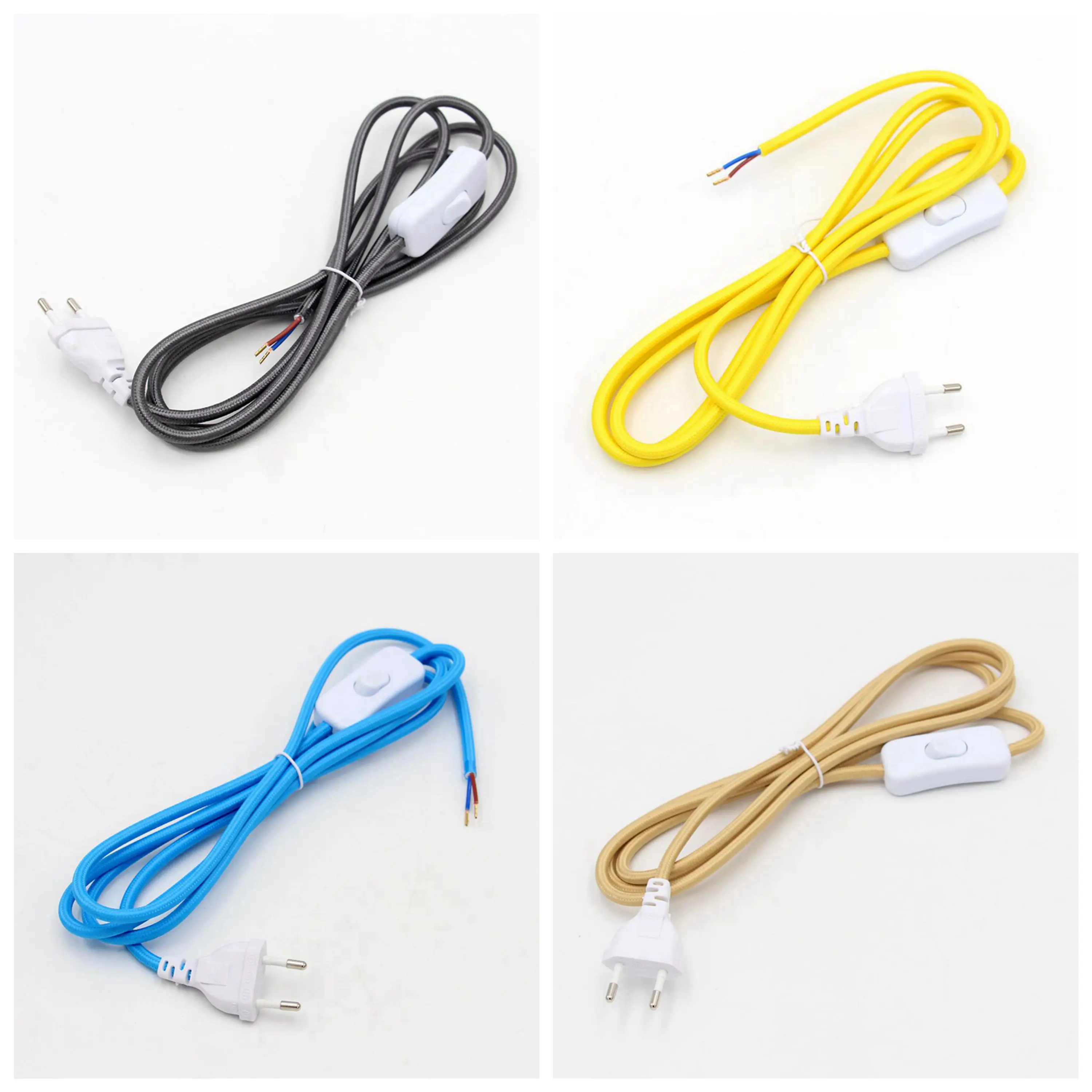 220V AC Power Cord With European Plug Buttom Switch Colourful Fabric Braided Cable 2 Meters