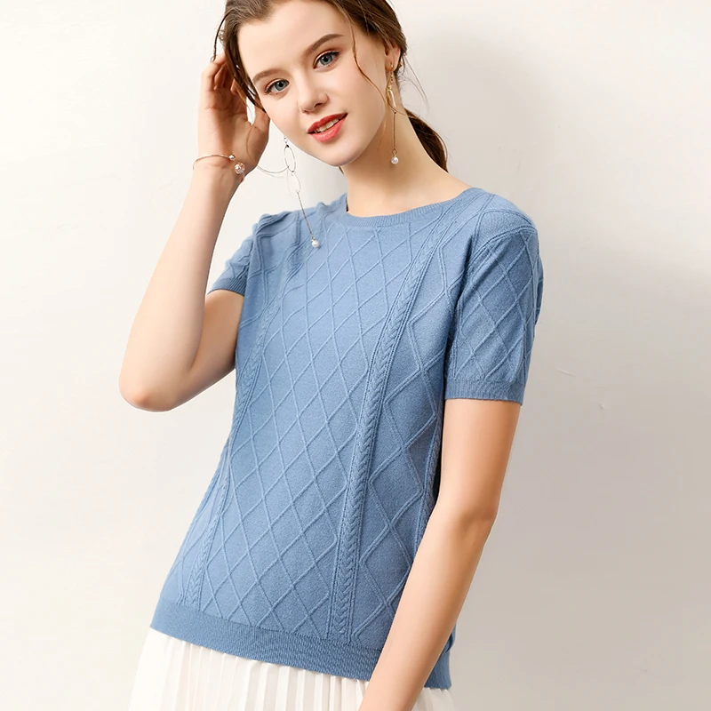 Женский пуловер с коротким рукавом и круглым вырезом трикотажный свитер из