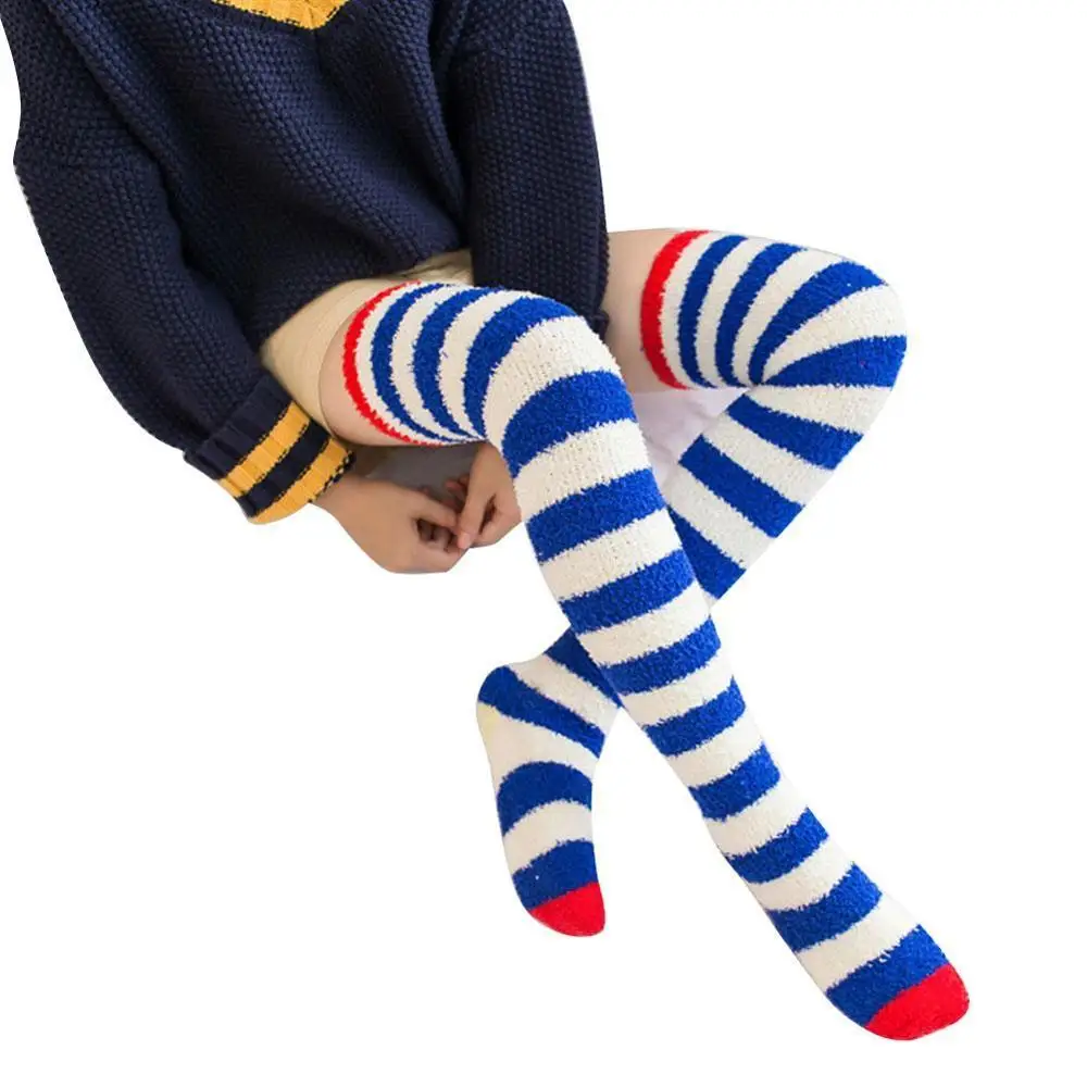 

New Winter Thigh High Socks Coral Velvet Knee Socks Thick Warm Striped Stockings Christmas Sexy Stocking Stuffers