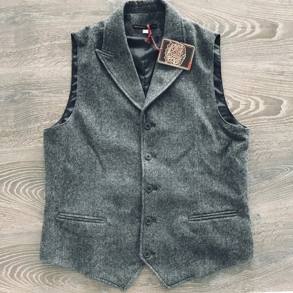 Men's Suit Vest Dark Gray Tailored Collar Wedding Wool Tweed Business Waistcoat Jacket Casual Slim Fit Gilet Homme Vests 2022