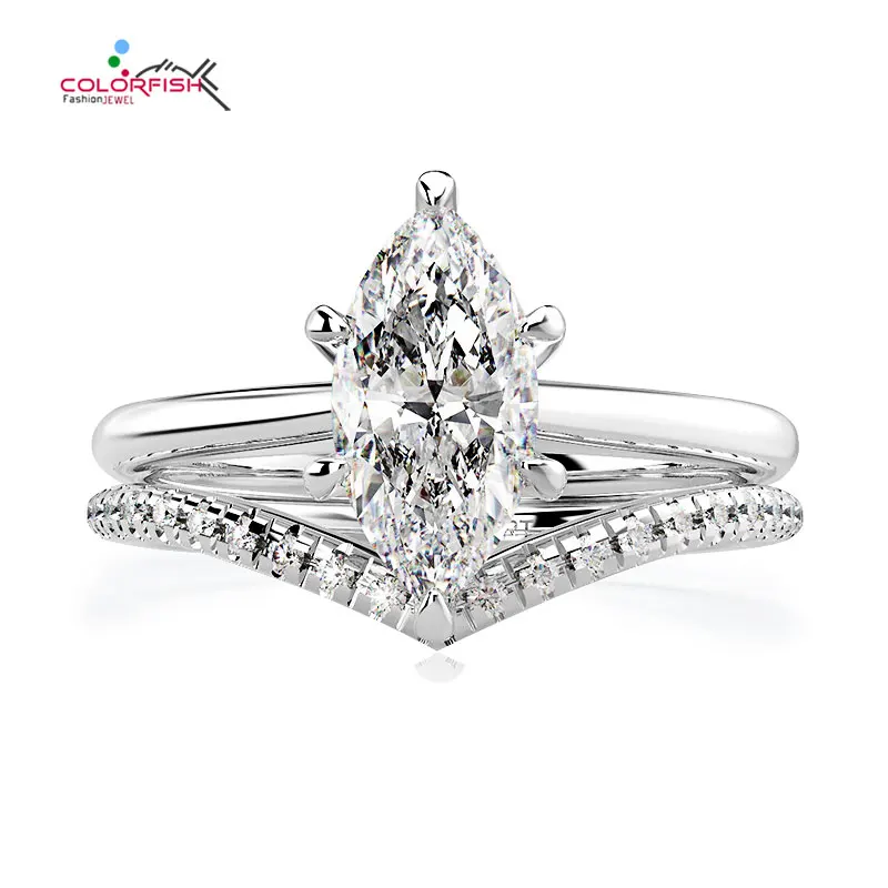 

COLORFISH Marquise Cut 1 carat Engagement Ring Set Genuine 925 Sterling Silver Sona Simulated Diamond Bridal Women Ring Set