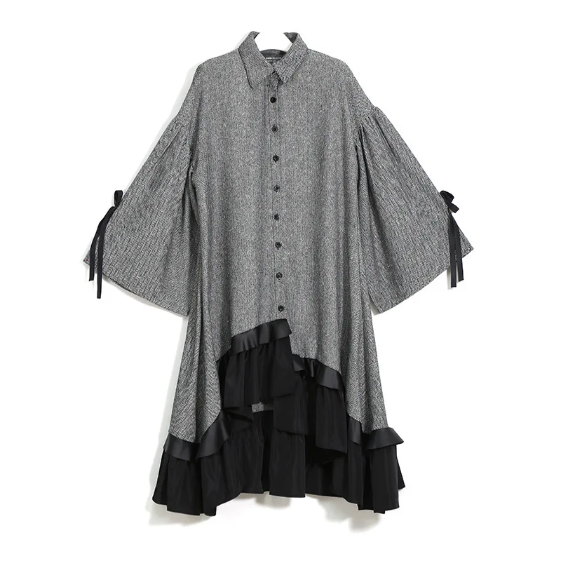 

New England style winter gray shirt dress ruffled patchwork large size ladies elegant party retro dress 2021 women's clothing