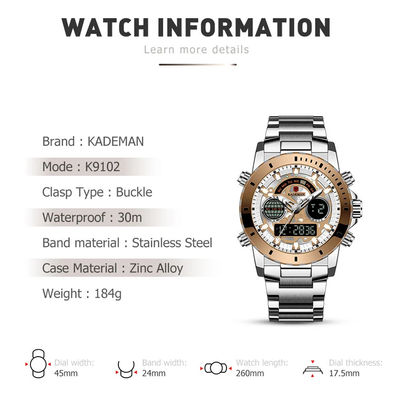 

KADEMAN Dual Display Watches Men Luxury Brand Quartz Watch Waterproof Military Full Steel Auto Date Wristwatch relogio masculino