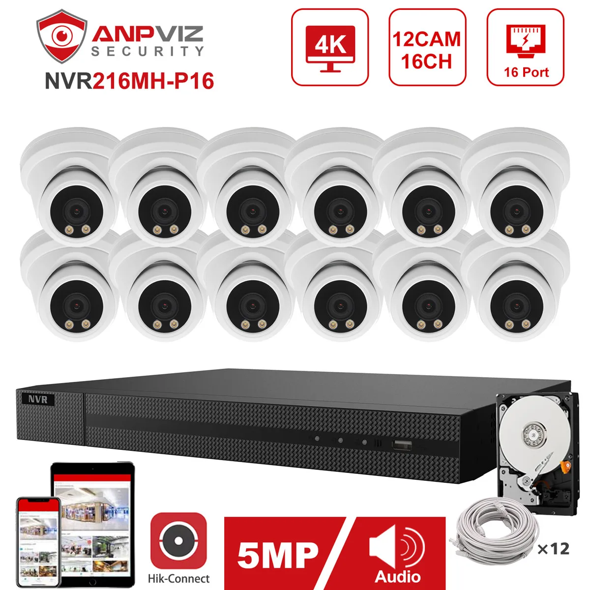 Hikvision OEM 16CH 4K NVR Anpviz 5MP ColorVu POE IP камера система для использования в помещении/на
