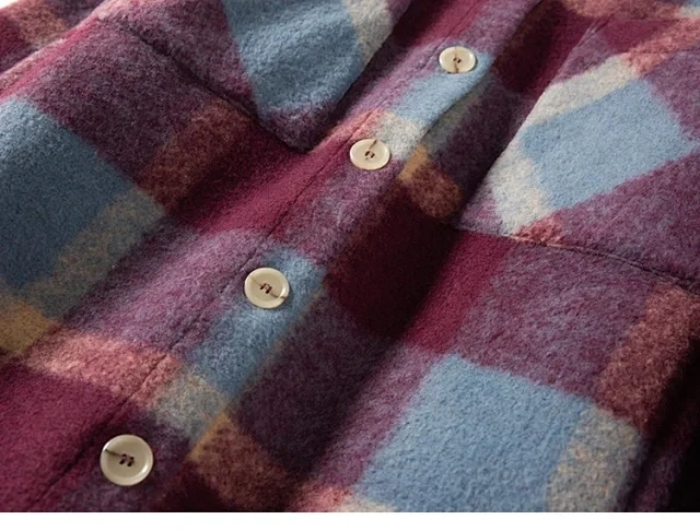 

Autumn 2021 Women Plaid Coat Woolen Single Breasted Turn-down Collar Loose Slit Loose Large Pockets Ladies Jacket