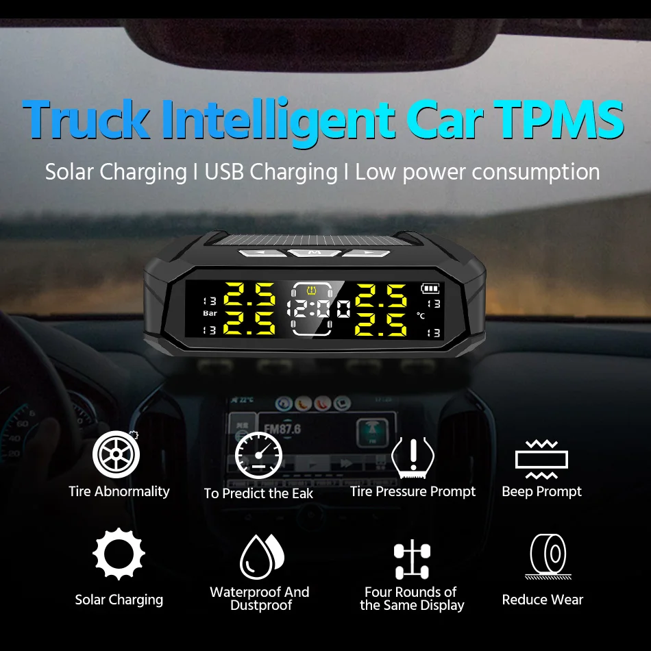 

Monitor LCD De Relógio Solar Monitoramento Sem Fio Da Pressão Dos Pneus Do Carro Alarme Automático Do Sensor Externo