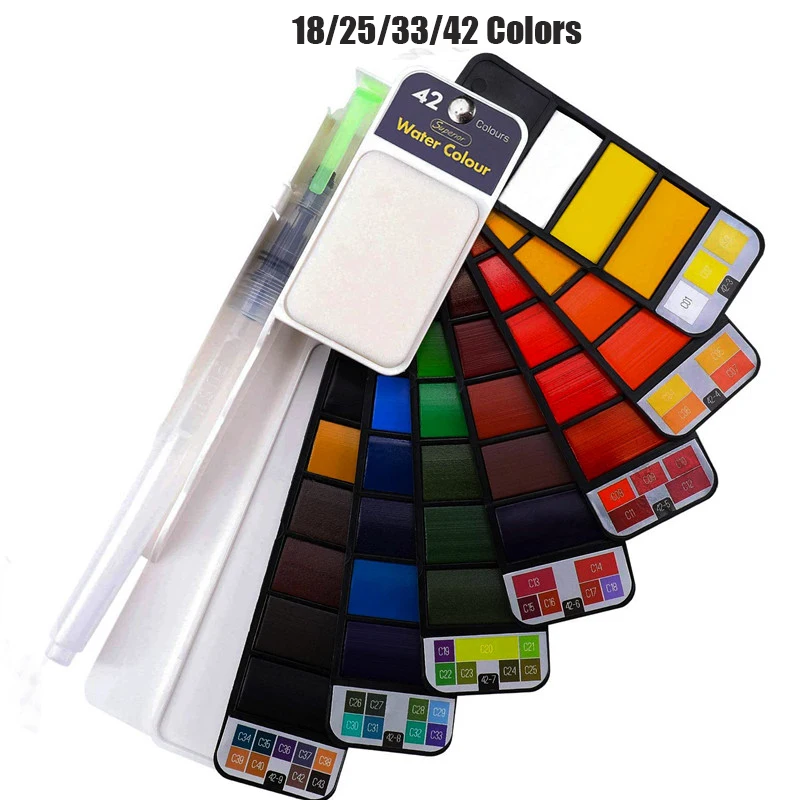

Портативный твердый акварельные краски в наборе: 18/25/33/42 цветов Художественный набор с Кисть для рисования, Ручка складной Акварельная крас...