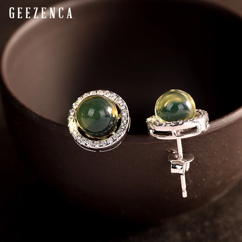 Женские серьги гвоздики с голубым янтарем из стерлингового серебра 925 пробы