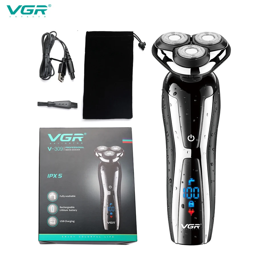 VGR V-309 Electric shaver razor for men beard trimmer wet and dry beard razor 3D head waterproof LCD display machine for shaving