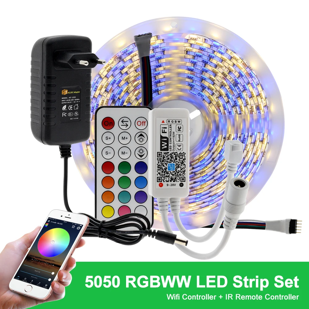 Wifi/Bluetooth RGB RGBW набор светодиодных лент DC12V Светодиодная лента 5050 5 м 300 светодиодный s+ wifi/Bluetooth контроллер+ адаптер питания - Испускаемый цвет: WIFI RGBWW