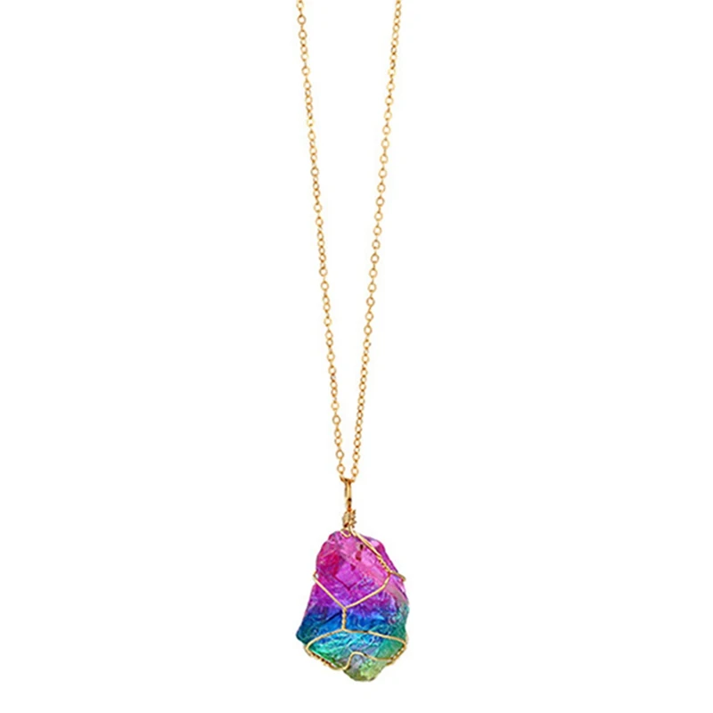 

1 Pcs Women Natural Stone Crystal Pendant Necklace, Rainbow Rock Quartz Pendant Necklace Full Wire Wrap Gemstone Jewelry
