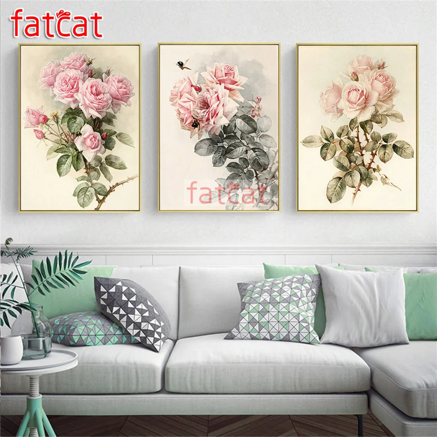 Картина из страз FATCAT 5D сделай сам триптих с розовыми цветами полная мозаика