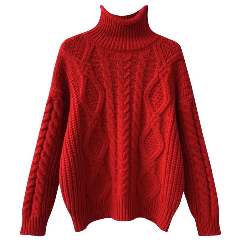 

Winter New Turtleneck Twisted Women Sweater Pullovers Solid Long-Sleeved Loose Thicken Warm Female Pulls Outwear Coats Tops