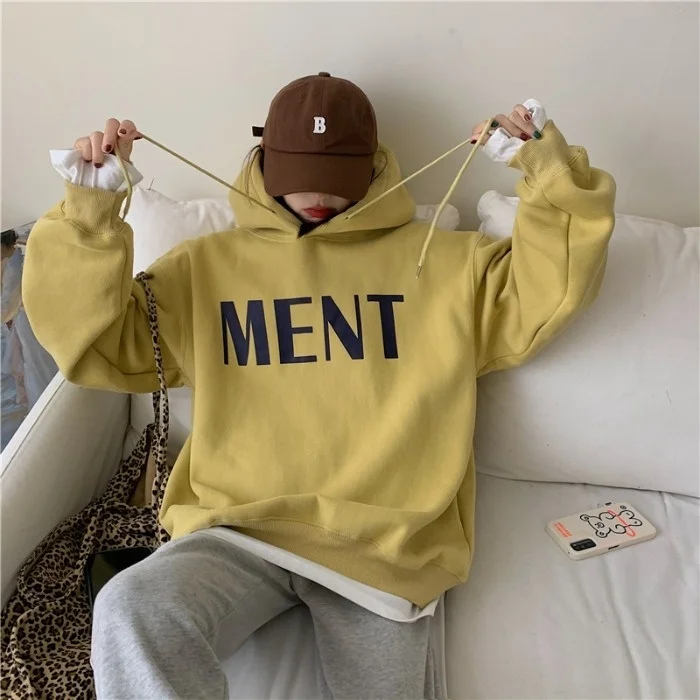 

Yellow Hoodie Women's Autumn Bf Style Loose Plush Thickened Print Pullover Jacket