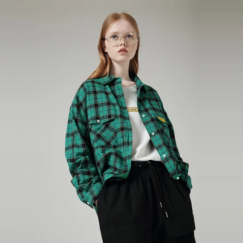 

Collar Women Autumn Blouses Tops Plaid Pockets Long Sleeve Green Shirts Turn-Down