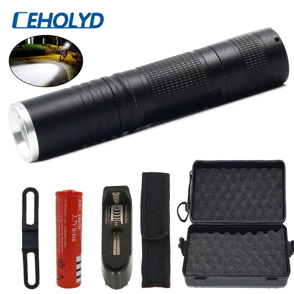 

8000 Lumens XM-L2 U3 T6 powerful LED Flashlight torch for bicycle 5 modes switch zoom lens Power by 18650 rechargeable battery