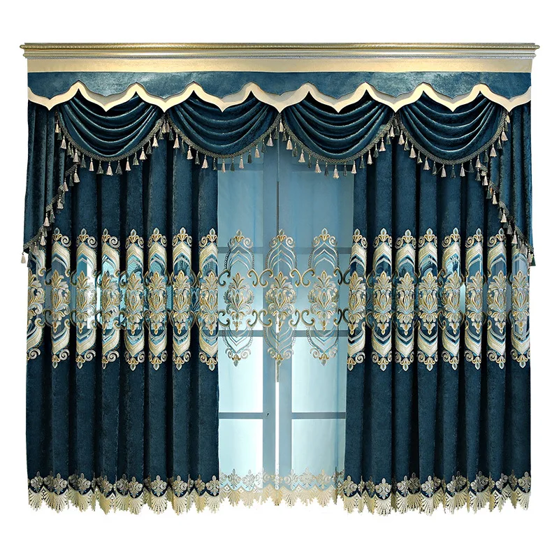 

European Style Curtains for Living Dining Room Bedroom Blue Embroidered Curtains Valances Curtain Finished Product Customization