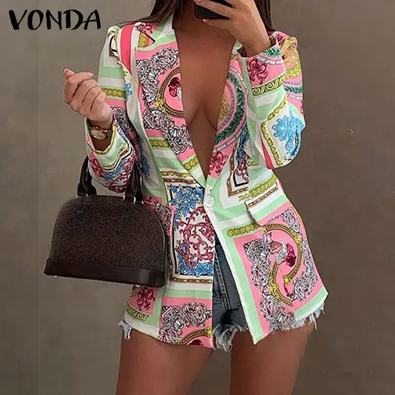 

Весенние официальные пальто с длинным рукавом 2021 VONDA женский костюм с принтом блейзеры повседневная одежда с отложным воротником