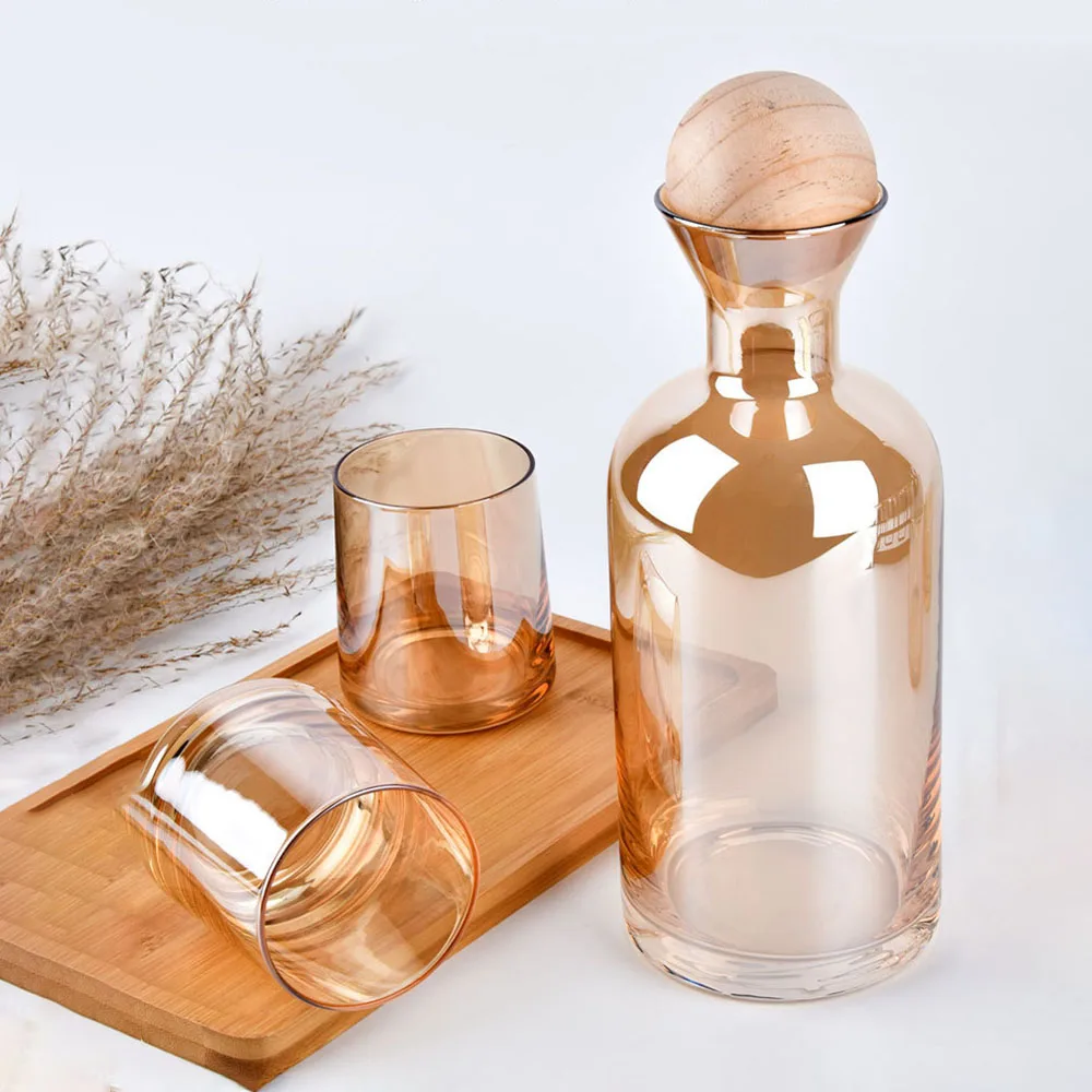 

Glass Cold Kettle Nordic Water Pots with Wooden Ball Lid Drinkware Kit Household Jug Cold Water Bottle Container Straight Cup