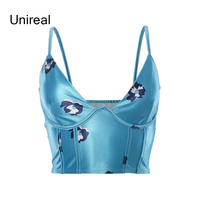 

Unireal 2021 Summer Sexy Spaghetti Strap Tops Women Satin Tank Tops Vintage Floral Print Camisole Short Camis Vest Top