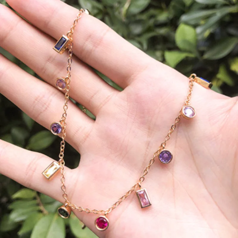 

Fashion AAA Zircon Dagnle Charm Chain Necklace Colorful Crystal Stone 18K Gold on Copper Women Lady Party OL Wedding Jewelry