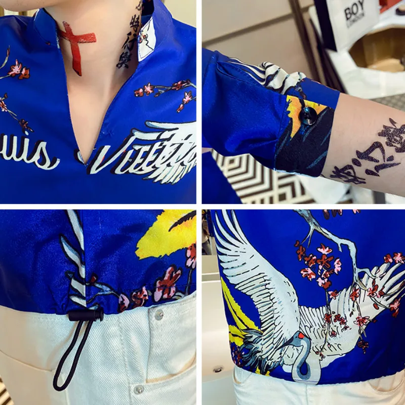 

Style Crane Chinese Print Men Shirts Short Sleeve Pullover Shirt Silk Casual Streetwear Social Blouse Club Party Tuxedo Clothing