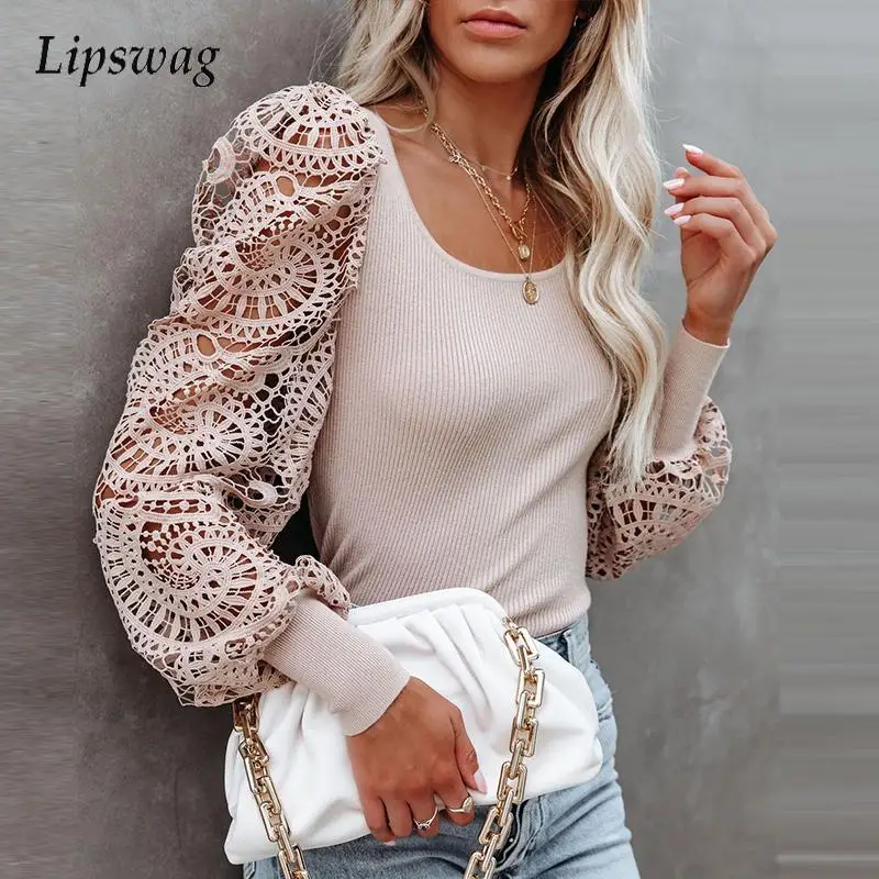 

Блузка женская кружевная с квадратным вырезом, элегантный модный однотонный топ с пышными рукавами, Повседневная рубашка, весна-осень