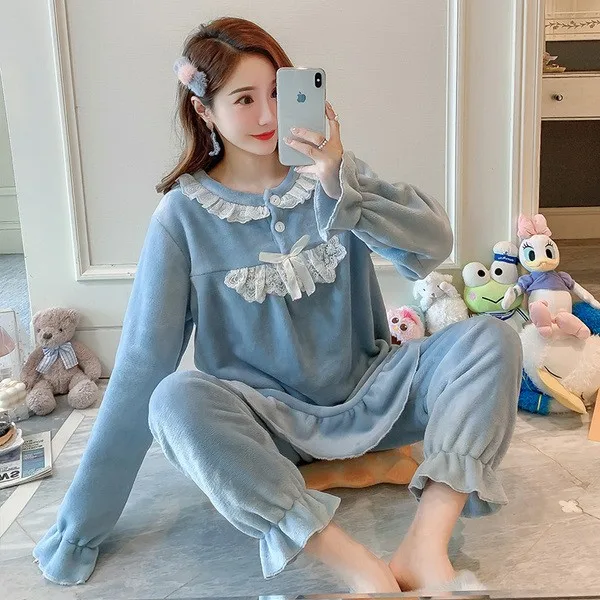 

Coral Velvet Pajamas Women Autumn And Winter Thick Flannel Pijamas Princess Pyjamas Set Cute Lace Sleepwear Full Length Homewear