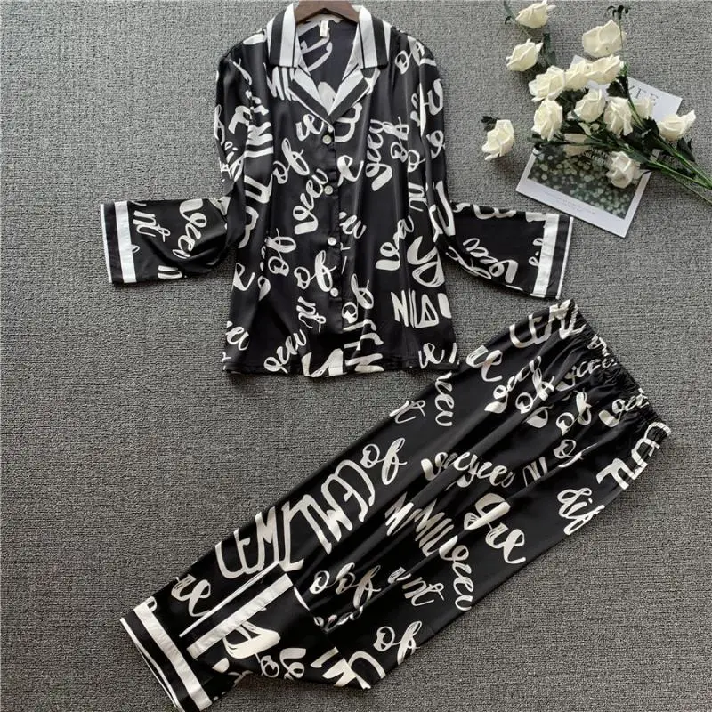 Женские атласные шелковые пижамные комплекты с брюками одежда для сна длинным