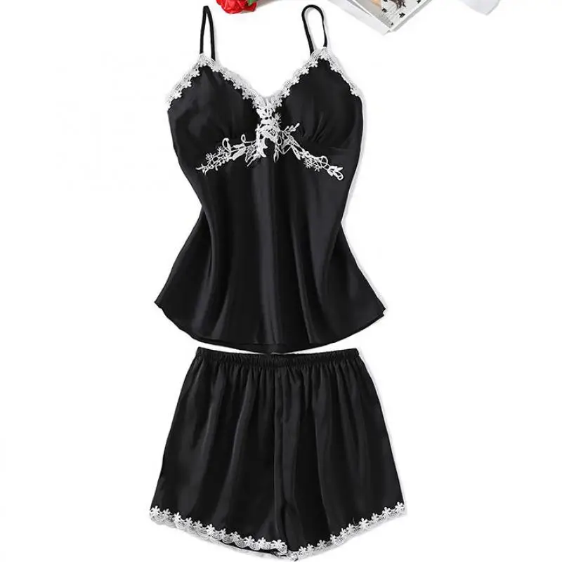 

2PCS Strap Top&Shorts With Pads Satin Pajamas Set For Women Summer Sexy PJS Lace Trim Sleepwear Intimate Lingerie Home Wear