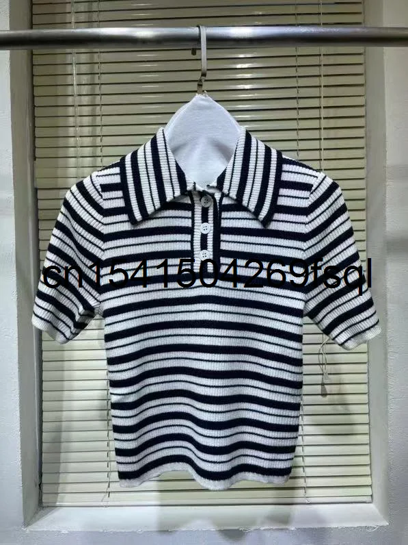 

Женская шерстяная футболка с отложным воротником, модельная дизайнерская Повседневная футболка с коротким рукавом, милые полосатые коротк...