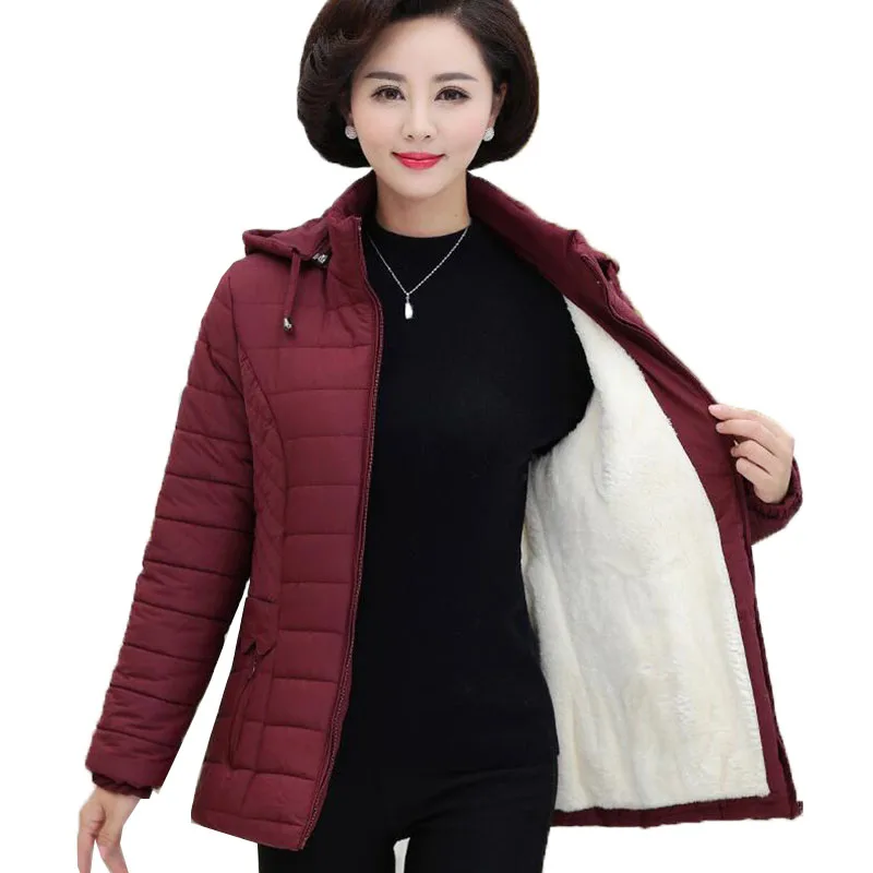 

Mama Overcoat Autumn Winter Plus Velvet Lamb Hooded Coats Cotton Winter Jacket Womens Middle-aged Women's Parkas Basic Jackets