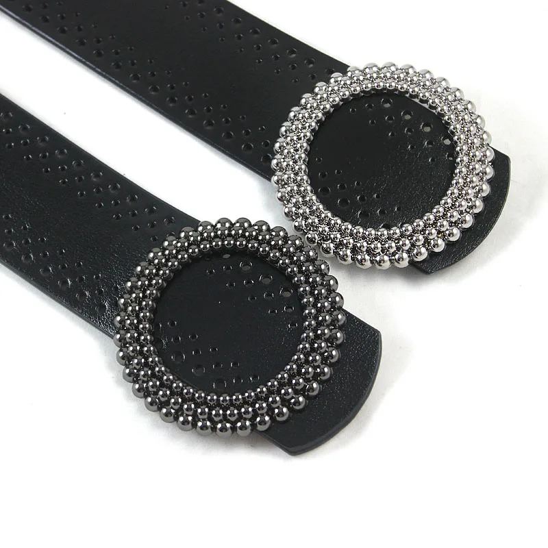 Fashion Women Vintage Hollow Genuine Leather Wide Belt Metal Beads Round Buckle Decorative Belts For Dress Waistband For Jeans
