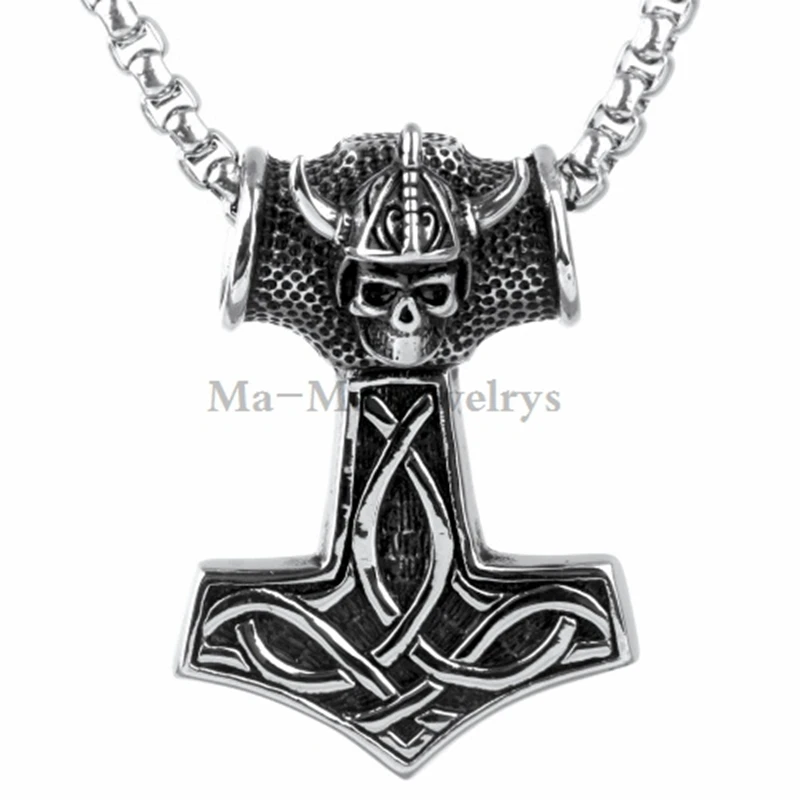 

Mens Skull Hammer Pendant Necklace Stainless Steel Cool Boy Jewelry 24inch Free Chain