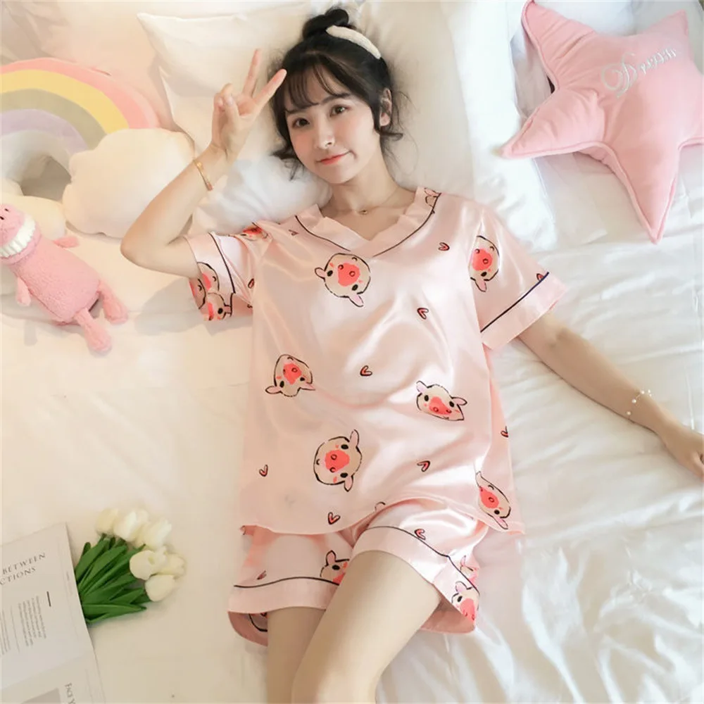 Summer Pajamas Loungewear Women Printed Pineapple Heart White V-neck Pure Silk Sleepwear 2 Piece Pajama Set Home Wear Shorts