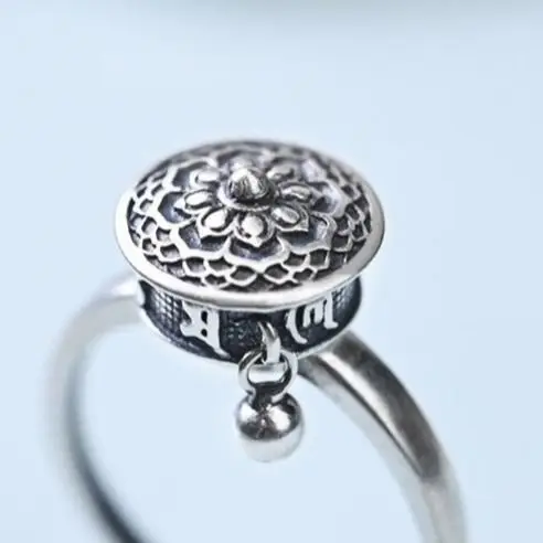

S925 Sterling Silver Ring Women's Retro Ethnic Style Prayer Wheel Rotatable Six Words Mantra Adjustable Mouth Ring
