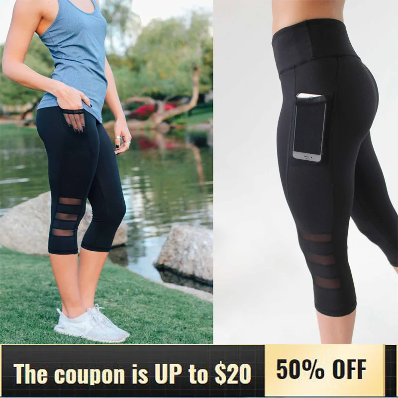 

Workout Clothes Pants for Women Yoga Pant Running Sports Leggings with Side Pockets Three-segment Mesh Seven-point Breathable