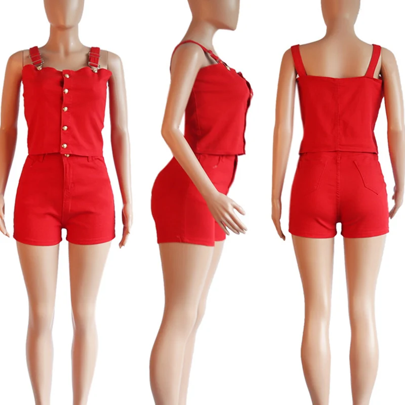 

Women Denim Tops Pant Set Button Strap Crop Top Zip Short Jeans for Spring Summer TC21