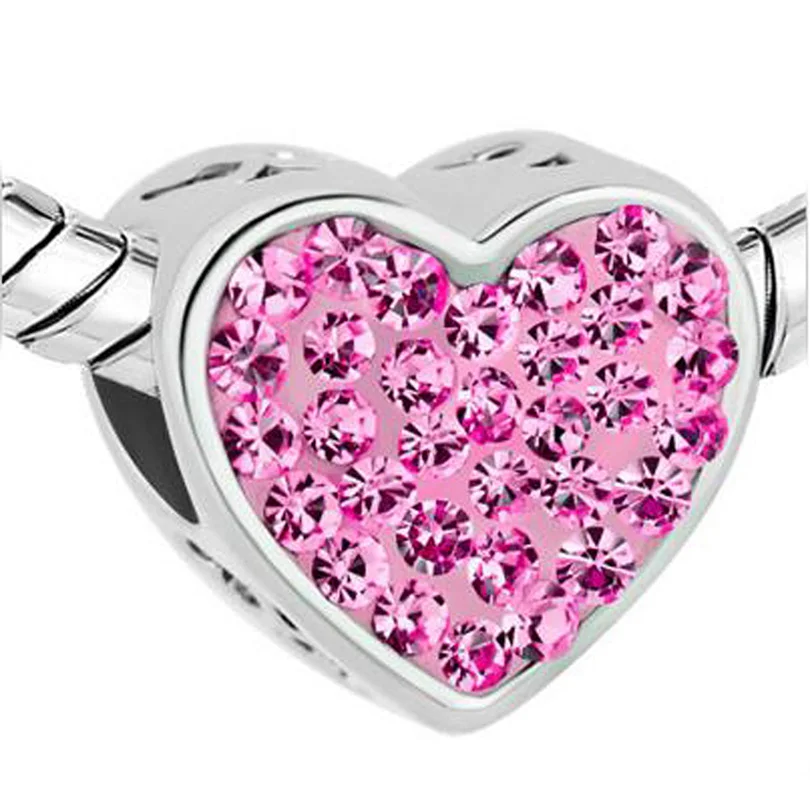Fit Pandora charm bracelets Rose Pink Crystal Heart I Love You Rhinestone For Beads Charms Bracelets beads for jewelry making | Украшения и