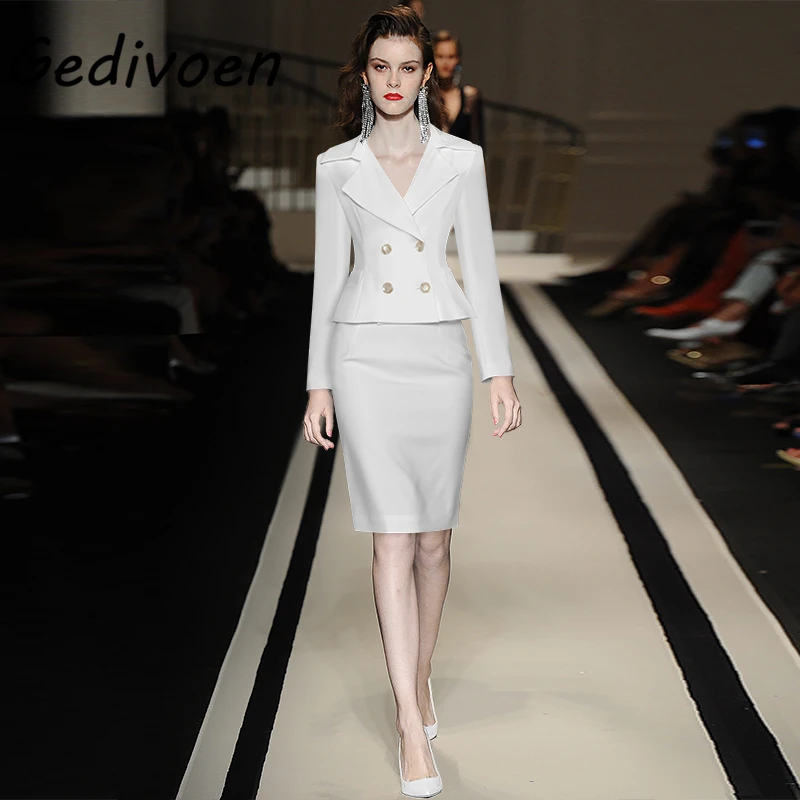 

Gedivoen Fashion Office Lady Autumn Elegant Skirts Suit Full Sleeve Double Breasted Jacket+Package Buttocks Skirts 2-Piece Set